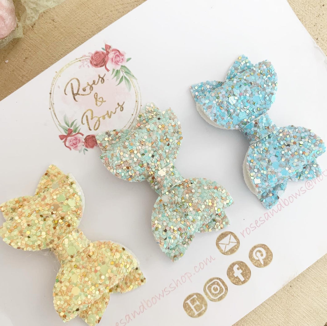 Blue, Green and Lemon Glitter First clip set / Fine Hair Clip Set