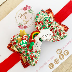 Christmas Rainbow Hair Bow Clip or Headband