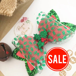 Christmas Holly Glitter and Transparent Hair Bow Headband or Clip