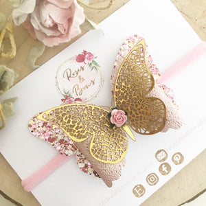 Pink and Gold Butterfly Glitter Bow Headband or Clip