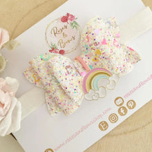 Load image into Gallery viewer, Rainbow Heart Glitter Valentine’s Day Hair Bow Headband or Clip
