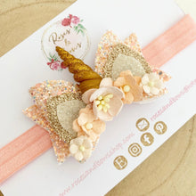 Load image into Gallery viewer, Unicorn horn crown Glitter Hair Bow Headband or Clip
