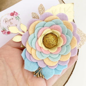 Felt flower clip or headband - rainbow and gold flower headband