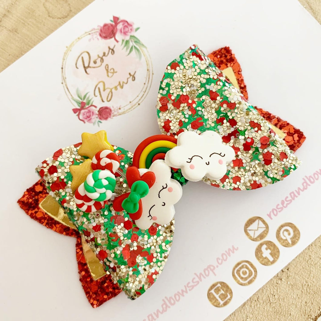 Christmas Rainbow Hair Bow Clip or Headband