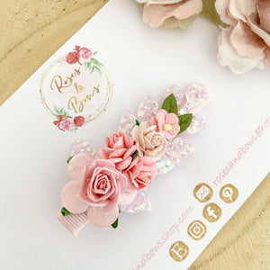 Pink flower and leaf headband or clip - Flower Crown Headband