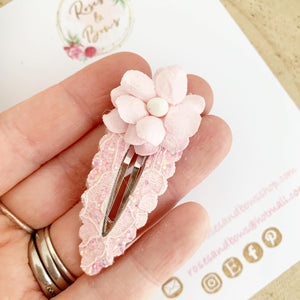 Pink lace glitter flower clip - fringe clip