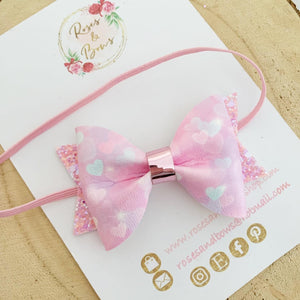 Pink Heart Valentines Hair Bow Headband or Clip