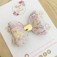 Load image into Gallery viewer, Floral Duck Glitter Hair Bow Headband or Clip - Pink Sequin Bunny Rabbit Ears Hair Bow
