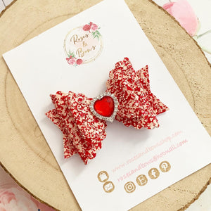 Valentines Red and Pink Heart Glitter Hair Bow Headband or Clip