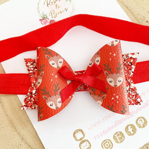 Red reindeer Hair Bow Headband or Clip