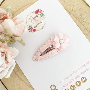 Pink lace glitter flower clip - fringe clip