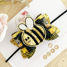 Load image into Gallery viewer, Bee Hair Bow Headband or Clip - black and Gold Glitter Hair Bow
