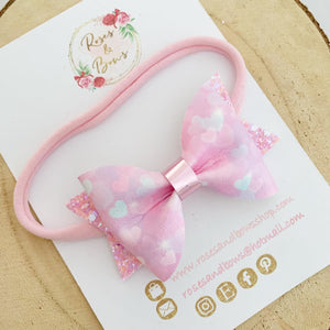 Pink Heart Valentines Hair Bow Headband or Clip