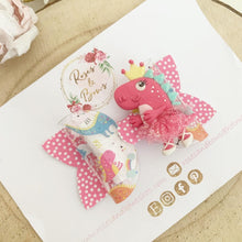 Load image into Gallery viewer, Dancing dinosaur transparent Glitter Hair Bow Headband or Clip
