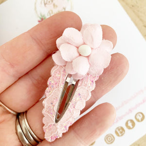 Pink lace glitter flower clip - fringe clip