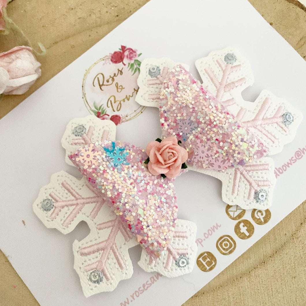 Pink Snowflake Hair Bow Clip or Headband