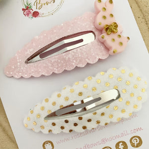 Pink and Gold Easter Bunny Large scalloped snap clip set