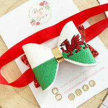 Load image into Gallery viewer, Welsh Flag St David’s Day Embroidered Leatherette and Glitter Bow Headband or Clip
