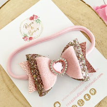 Load image into Gallery viewer, Pink Heart Glitter Hair Bow Headband or Clip Valentines
