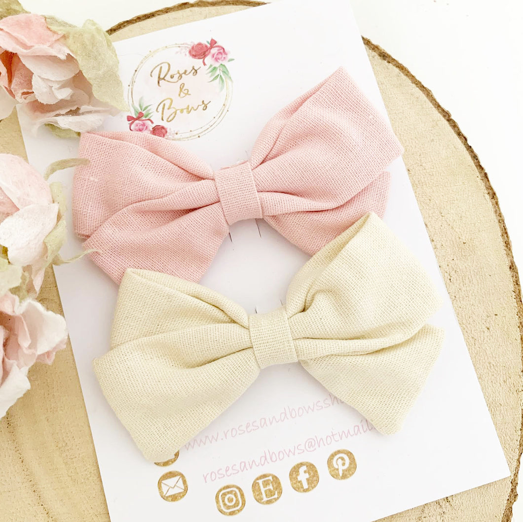 Pink and Cream Cotton Hair Bow Headband or Clip set of 2