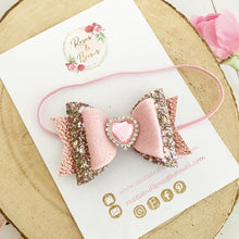 Load image into Gallery viewer, Pink Heart Glitter Hair Bow Headband or Clip Valentines
