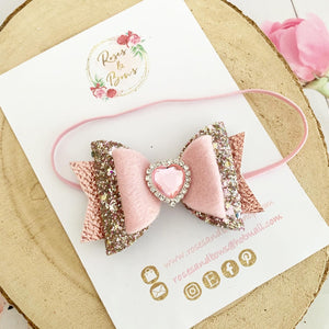 Pink Heart Glitter Hair Bow Headband or Clip Valentines