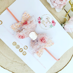 Peach Blush Floral Transparent Glitter Bow Headband or Clip