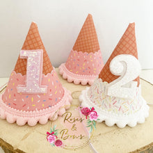 Load image into Gallery viewer, Ice cream- glitter party hat - cake smash prop - birthday accessory
