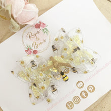 Load image into Gallery viewer, Bee Transparent and Glitter Hair Bow Headband or Clip
