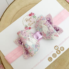 Load image into Gallery viewer, Floral Bunny Glitter Hair Bow Headband or Clip - Pink Sequin Bunny Rabbit Ears Hair Bow
