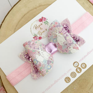 Floral Bunny Glitter Hair Bow Headband or Clip - Pink Sequin Bunny Rabbit Ears Hair Bow