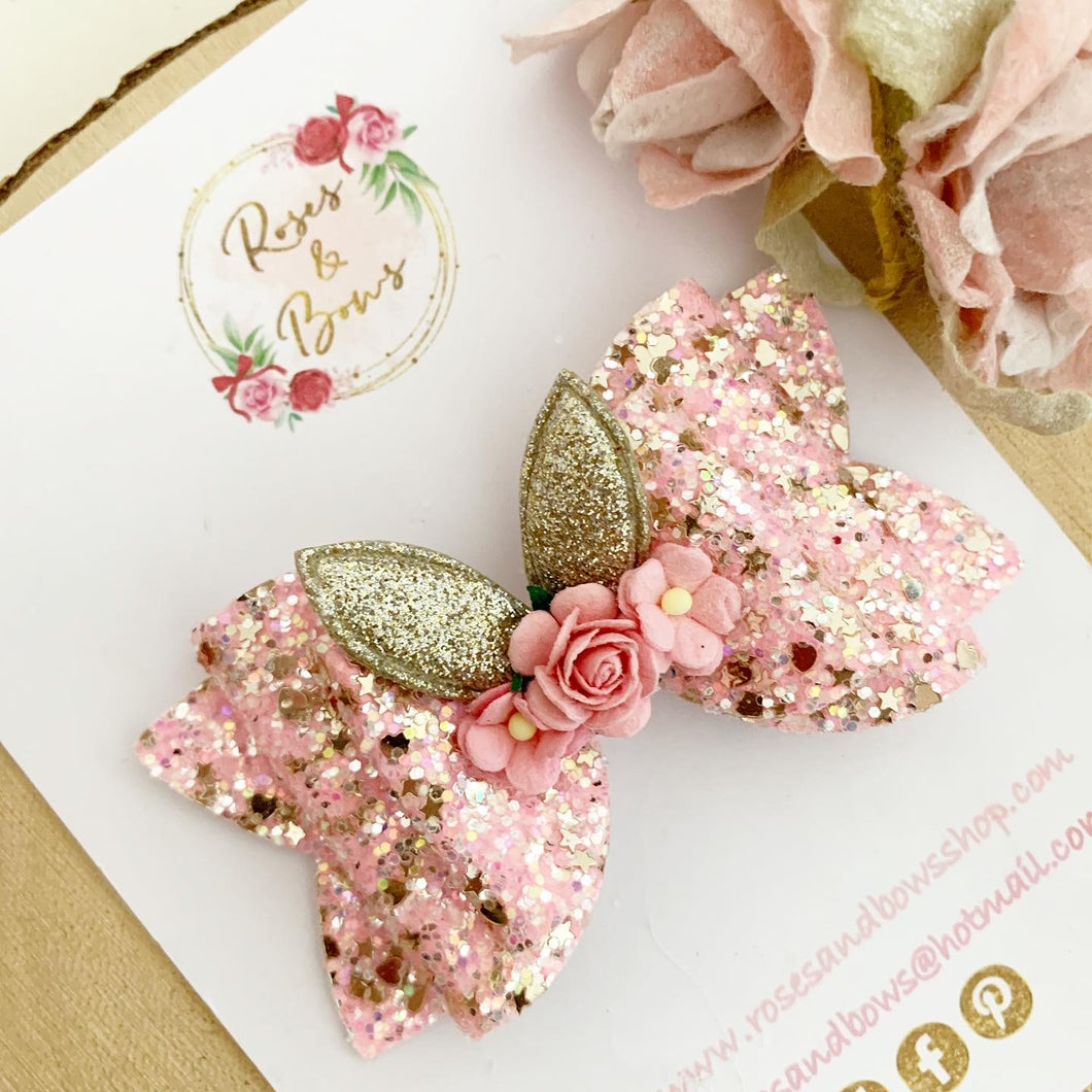 Pink Bunny Ears Glitter Hair Bow Headband or Clip - Pink Sequin Bunny Rabbit Ears Hair Bow