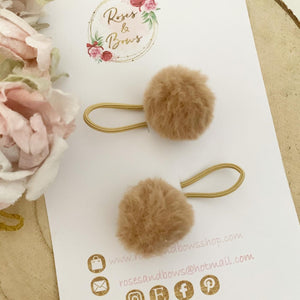 Beige Pom Pom Faux Fur Bobble Hair Ties Set of 2