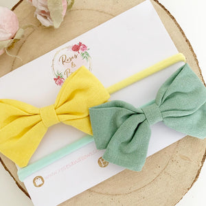 Yellow and Green Cotton Hair Bow Headband or Clip set of 2