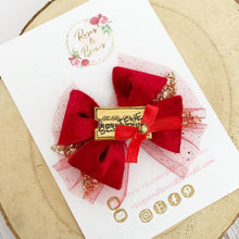 Load image into Gallery viewer, Christmas Believe Train Ticket Glitter and Tulle Hair Bow Headband or Clip
