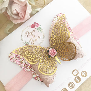 Pink and Gold Butterfly Glitter Bow Headband or Clip