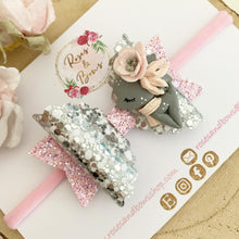 Load image into Gallery viewer, Pink and Silver Deer Hair Bow Headband or Clip
