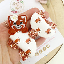 Load image into Gallery viewer, Red Panda Embroidered Leatherette and Glitter Bow Headband or Clip
