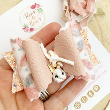 Load image into Gallery viewer, Easter Bunny Peach and White Floral Charm Glitter Bow Headband or Clip
