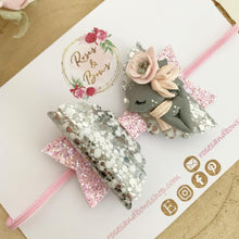 Load image into Gallery viewer, Pink and Silver Deer Hair Bow Headband or Clip
