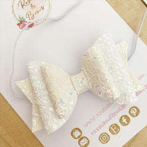 Ivory white lace glitter Hair Bow Headband or clip