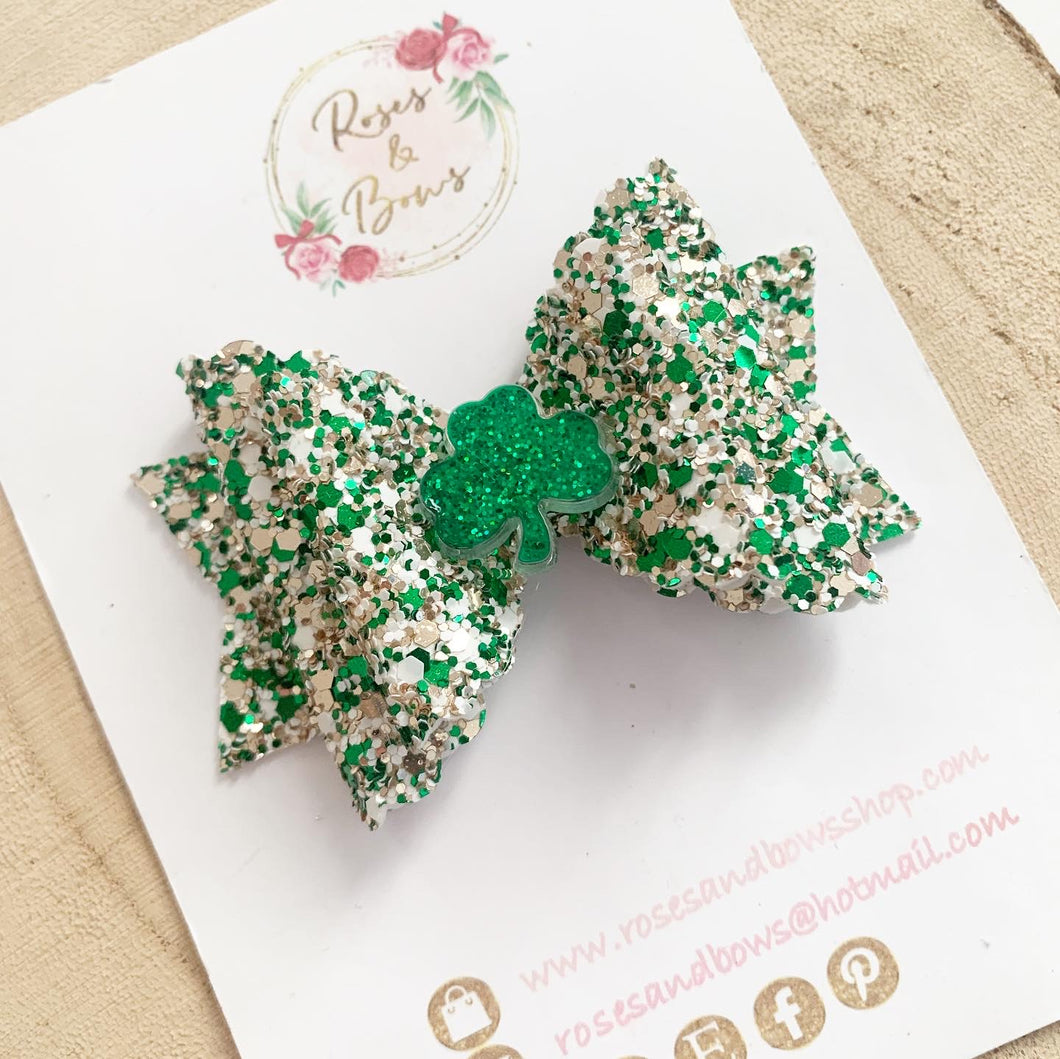 St Patrick’s Day Shamrock Hair Bow - Green Glitter Hair Bow Hair Clip or Headband