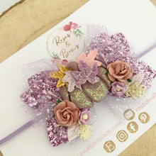 Load image into Gallery viewer, Purple Pumpkin Tulle Glitter Bow Headband or Clip
