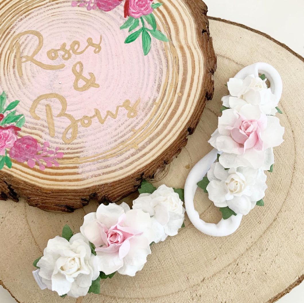 White and pink rose flower headband or clip