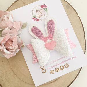 Bunny Ears Hair Bow Headband or Clip - Pink Sequin Bunny Rabbit Ears Hair Bow