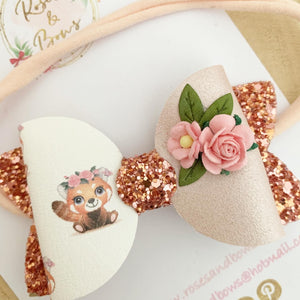 Red Panda floral Hair Bow Headband or Clip