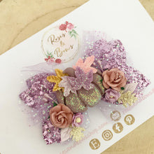 Load image into Gallery viewer, Purple Pumpkin Tulle Glitter Bow Headband or Clip
