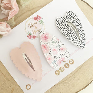 Monochrome and blush heart leatherette scalloped snap clip set