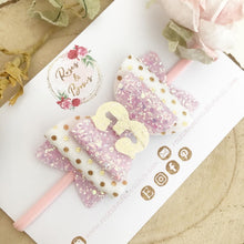 Load image into Gallery viewer, Pink and Gold Birthday Number Hair Bow Headband or clip
