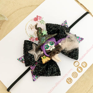 Flying witch Glitter Bow Headband or Clip